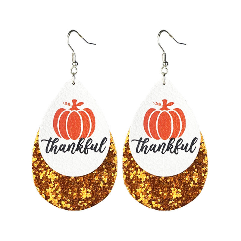 Wholesale 2 Pairs/pack Thanksgiving Double Leather Shiny Pumpkin Pie Coffee Turkey Earrings